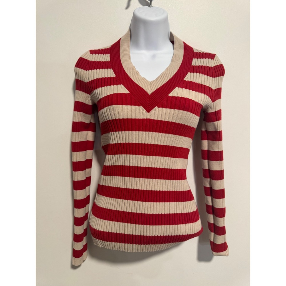 Madewell Red Cream Striped Ribbed V-Neck‎ Long Sleeve Sweater Small Slim Fit